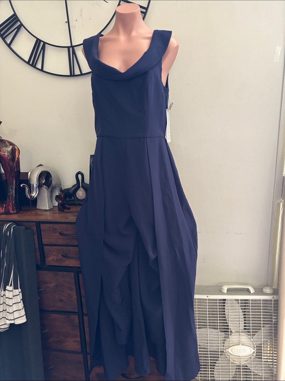 #289 Kay Unger Navy Cowl-Neck Wide-Leg Skirted Jumpsuit